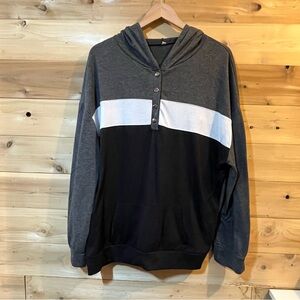 Grey black white colorblock lightweight hooded sweatshirt with kangaroo pocket